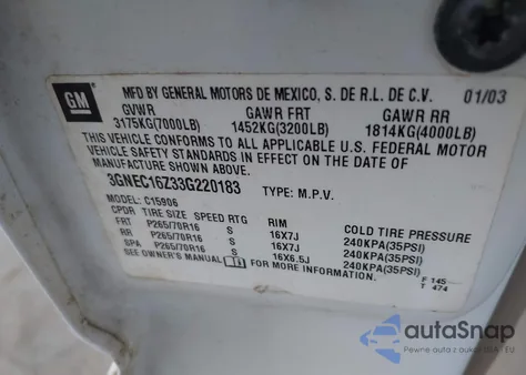 2003 Chevrolet Suburban 1500 Lt z USA, uszkodzony, nr VIN 3GNEC16Z33G220183